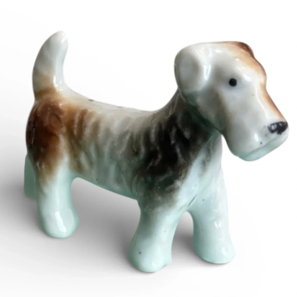 Vintage Porcelain Dog Brown 1930s 1940s White Terrier Dog Figurine